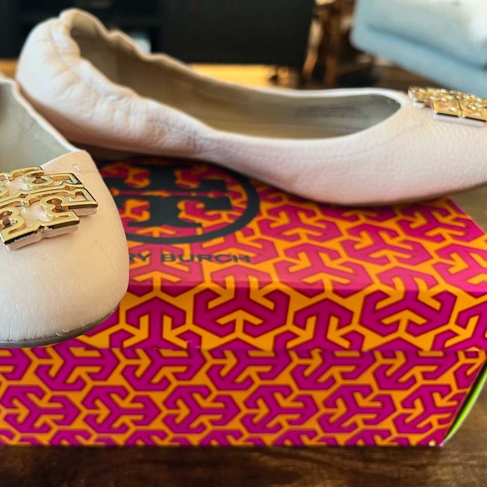 Tory Burch Melinda pink and gold leather ballet flats